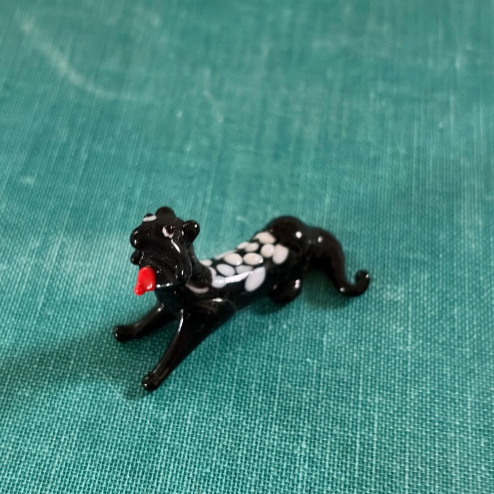 Antique Miniature Lampwork Glass Black Spotted Leopard Figurine Red Tongue Tiny